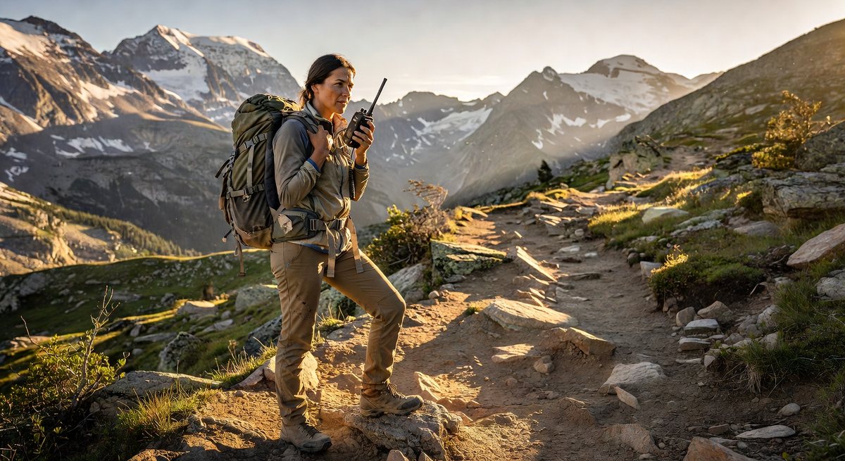 Hiker using handheld radio